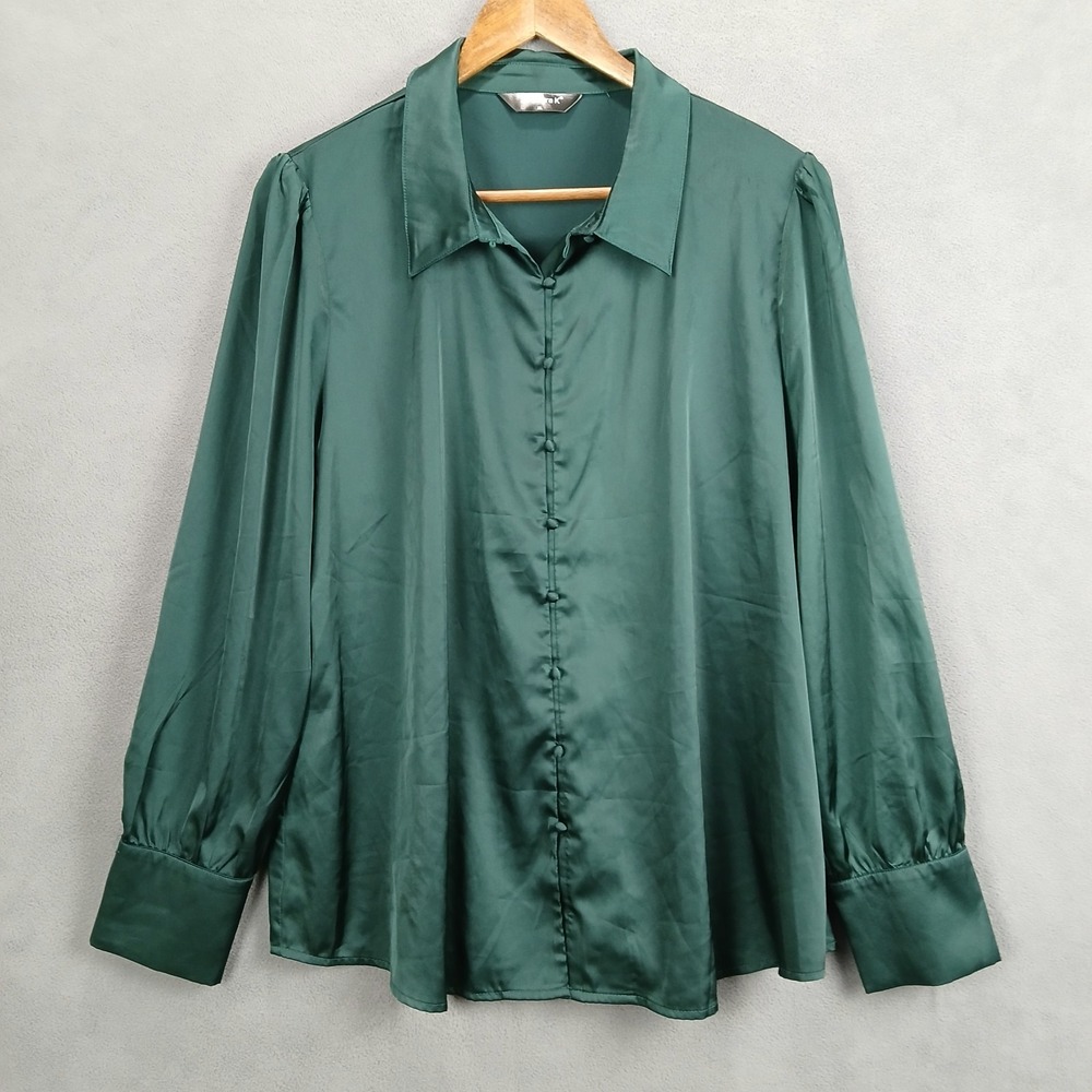 Allegra K Shirt Womens XL Dark Green Collared Puff Sleeve Button Front Casual